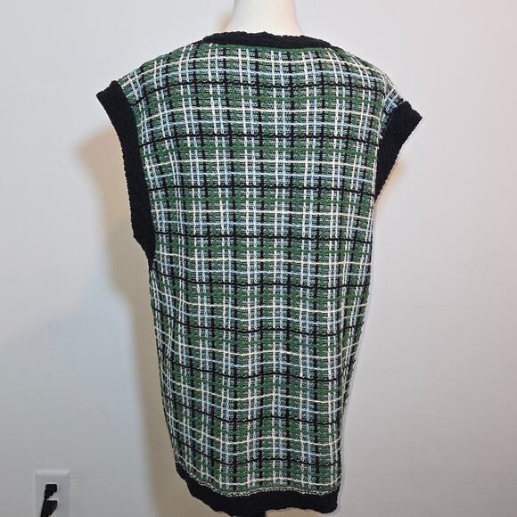 Mango MNG Black Green Plaid Oversized Knit Vest Size L Cotton Preppy Holiday - Picture 6 of 8